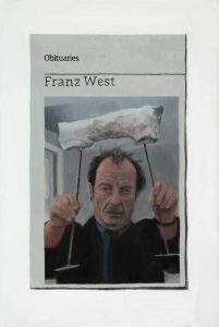 Hugh Mendes | Obituary: Franz West | 2015 | Oil on linen | 30x20cm