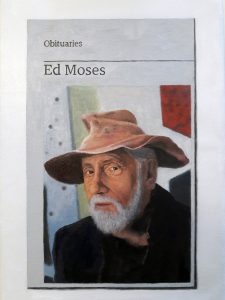 Hugh Mendes | Obituary: Ed Moses | 2018 | Oil on linen | 30x20cm