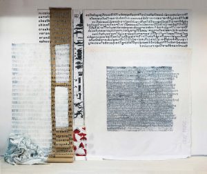 J Price | SITD [‘Schizophrenic in the Dark’] 2017 | Hand carved letters printed one at a time, relief carving, clay, textiles, pen, matches, ink | 239x273cm