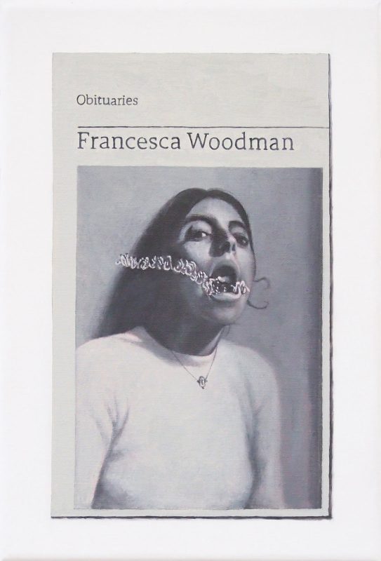 Hugh Mendes | Obituary: Francesca Woodman | 2019 | Oil on linen | 30x20cm