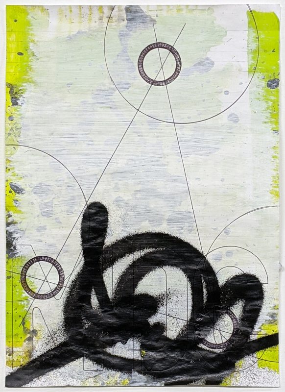 Zavier Ellis | Revolutions III | 2020 | Acrylic, emulsion, spray paint, biro on paper | 29.7x21cm