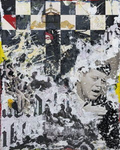 Zavier Ellis | Freiheit II | 2023 | Acrylic, emulsion, spray paint, ink, wax crayon, collage on birch ply | 30x24cm (11.8×9.4 in) | £2,950 ($3,650) + VAT & delivery