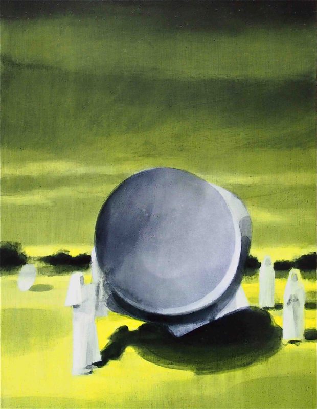 Adam Dix | Retrieval | 2012 | Fluorescent pigment, oil and ink on panel | 51x39cm