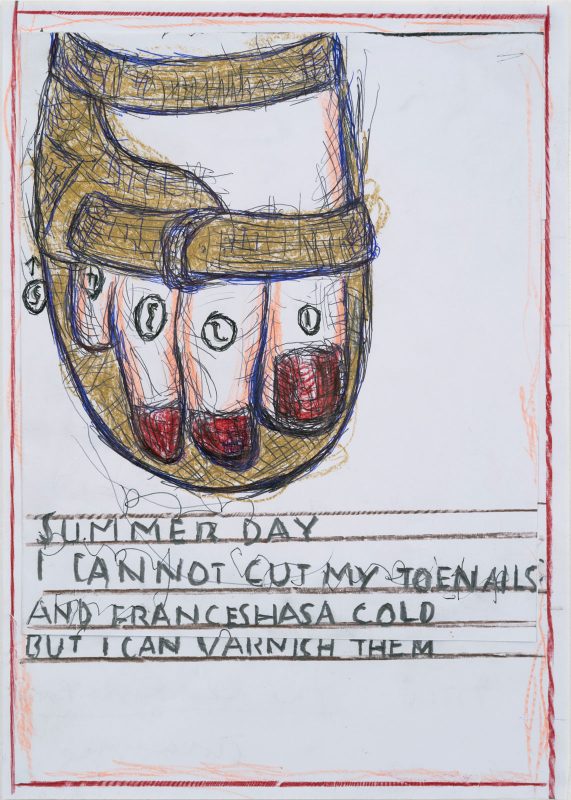 Rose Wylie | Red Right Foot | 2019 | Coloured pencil, biro, collage on paper | 29.6x21cm