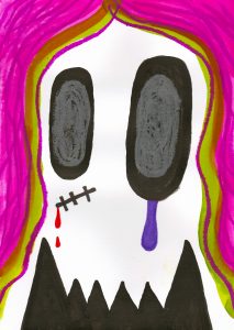 Alex Gene Morrison | Pink Ghoul | 2020 | Ink, watercolour, marker pen, oil pastel on paper | 29.7x21cm