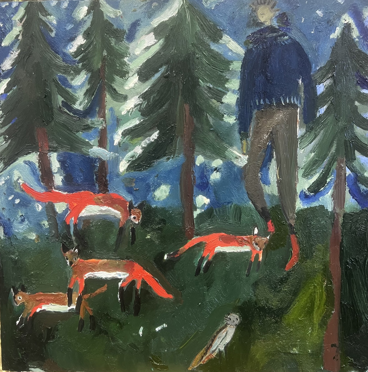 Melissa Kime | Peter and the foxes | 2024 | Oil on board | 40x40cm (15.7×15.7 inc) | £3,360 inc. VAT