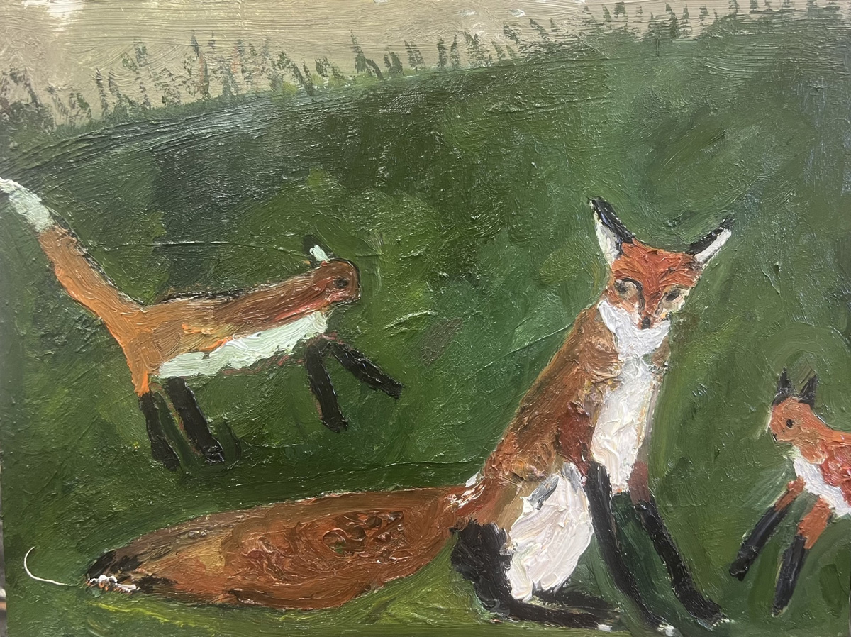 Melissa Kima | Red and her cub when I first met her | 2024 | Oil on board 40x30cm (15.7×11.8 inches) | £3,000 inc. VAT