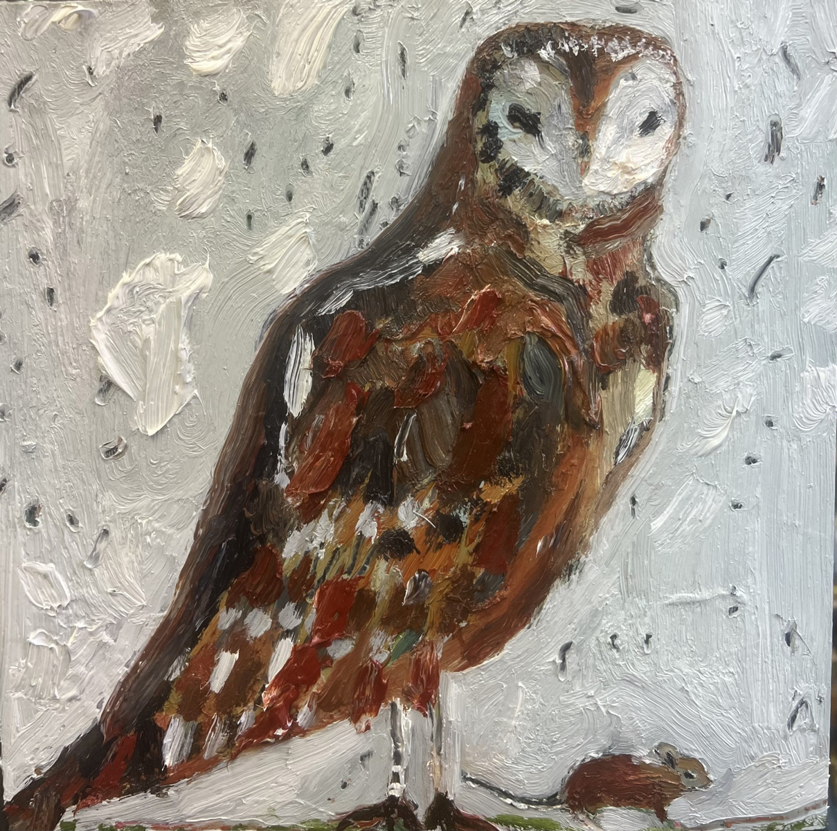 Melissa Kime | Studio mouse and night time visitor | 2024 | Oil and oil pastel on board | 26x26cm (10.2×10.2 inches) | £2,800 inc. VAT